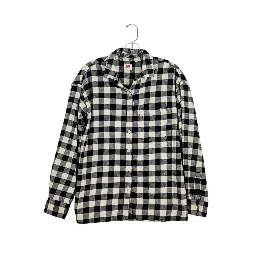 Levi's Flannel Button Front Shirt Black White Buffalo Check Sz M EUC